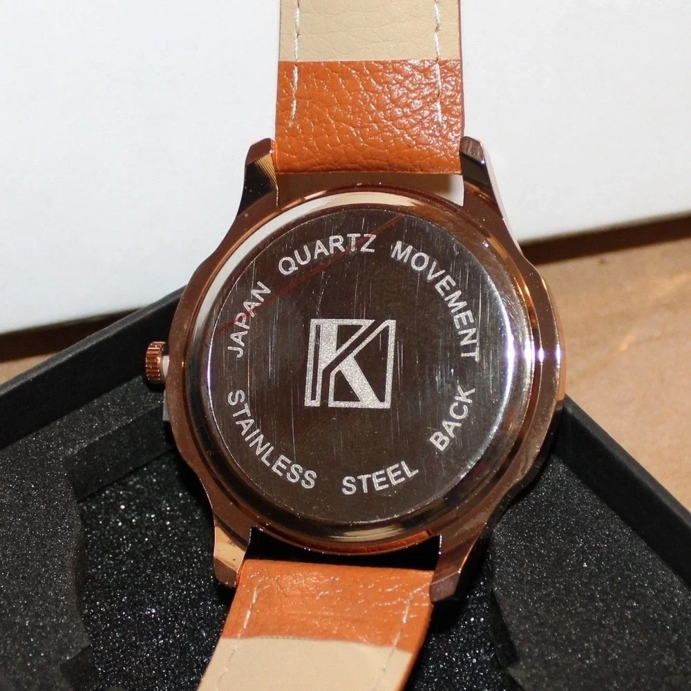 K Brand Blue Dial Rose Gold Tone Watch Tan Leather Strap Japan Quartz Movement